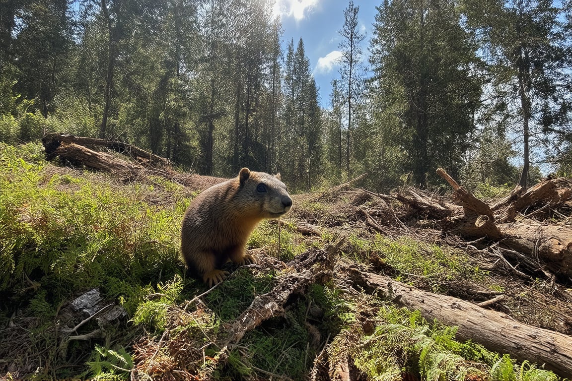 A close-up shot of the marmot's furious face, chainsaw revving in the background, dominates the frame. The camera cuts to a wide shot of the devastated forest, revealing the marmot's chaotic destruction: splintered tree trunks lie scattered, ferns and bushes ravaged, as if a tornado had torn through. The sun casts long shadows across the desolate landscape, highlighting the absurdity of this once-peaceful creature's destructive rampage.