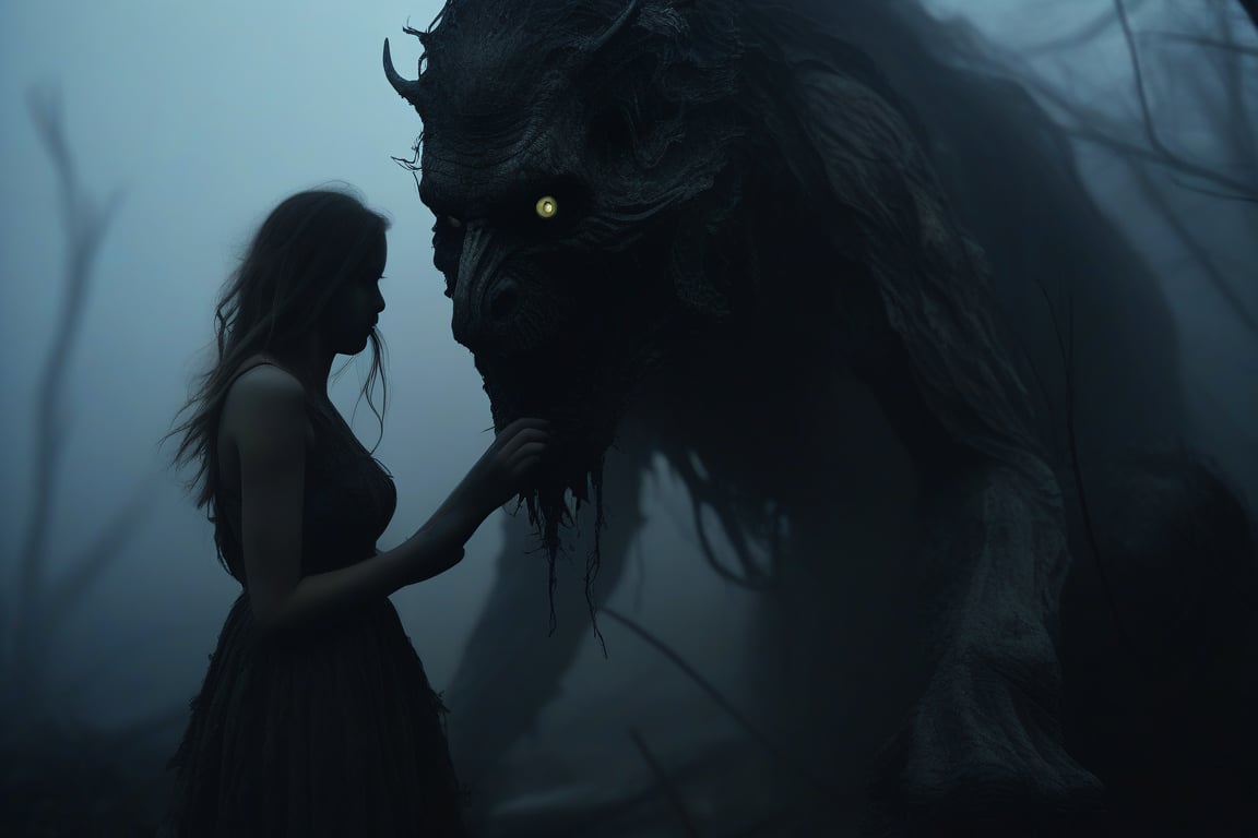 A haunting shot of a decrepit creature's grip on the trembling girl, set against a desolate, mist-shrouded backdrop. The camera frames their macabre dance, with the monstrosity's putrid hands grasping her shoulders and its vacant eyes locked onto hers. Dim, flickering torchlight casts eerie shadows as the beast's decaying lips whisper an ominous warning: Prepare to meet the darkness.