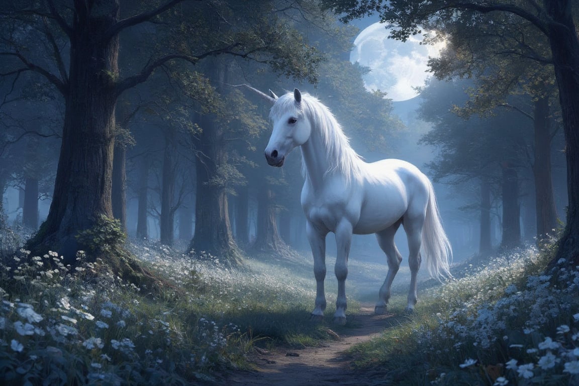 Masterpiece, professional, award-winning, intricate details, ultra high detailed, 64k, dramatic light, volumetric light, Enchanting, moonlit glade with a gentle unicorn and shimmering will-o'-the-wisps, realistic, magical, mystical creatures, idyllic, serene, ethereal, (mythical presence:1.4), wildflowers, moonbeams, ancient trees, soft glow, harmonious realm, tranquil beauty, 8k,ek_art_b00ster,anime,illustrated,