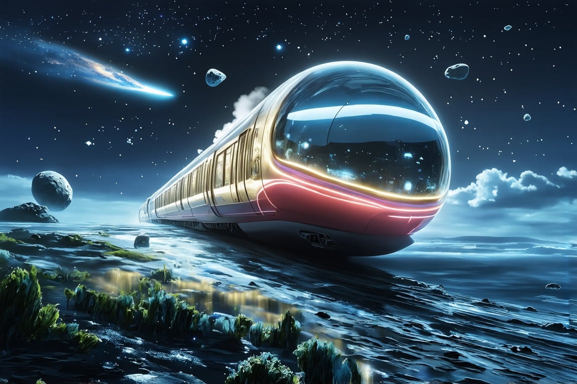 Galaxy Express 999, majestic space train, cosmic railway, starry background, nebulae and colorful galaxies, retro-futuristic locomotive design, gleaming metallic exterior, red and gold accents, steam-like energy trail, glass observation dome, visible passenger cars,, passing comets and asteroids, planet silhouettes on horizon, twinkling stars, cosmic dust clouds, ethereal glow around train, vintage sci-fi aesthetic, ,eco-friendly train,hyperrealistic,