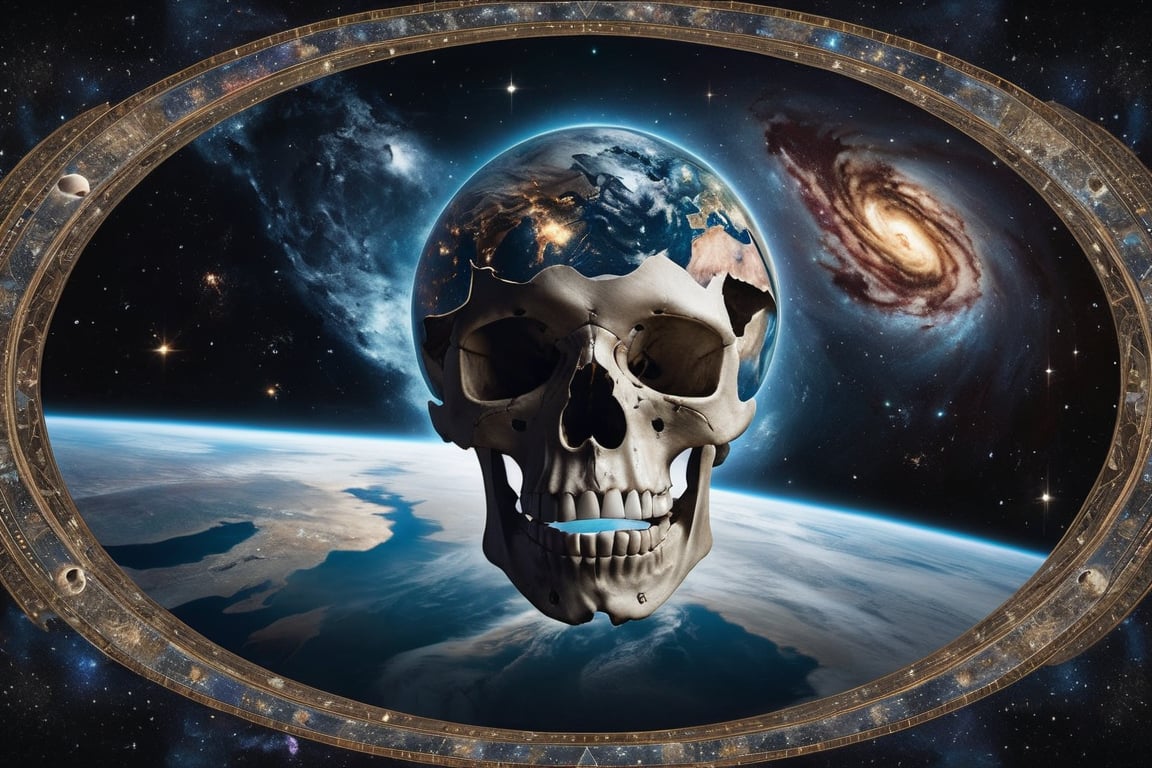 A striking, otherworldly image of Earth as a crumbling globe in the vastness of space. As the surface disintegrates, revealing a skull beneath, the fallen fragments float away into the dark cosmos. In the background, an intricate tapestry of stars and galaxies unfolds, reminding us of the universe's immense scale and the fragility of our planet.,