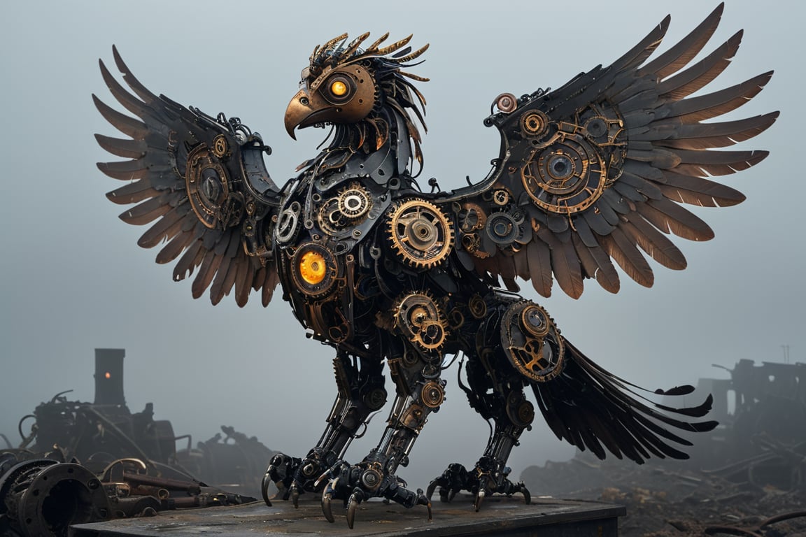 A griffin,made from gears rusted metal, and glowing parts, with its wings spread wide. The griffin's body is an intricate assembly of interlocking gears and corroded metal plates, giving it a rugged, industrial appearance. Its eyes and certain joints feature glowing, luminescent elements that pulse with an eerie light. The wings, constructed from overlapping metal feathers, are extended majestically, each feather adorned with tiny, glowing circuits. The background is a dark, misty landscape with hints of ancient ruins, enhancing the mythical and mechanical nature of this fantastical creature,adding to the steampunk atmosphere.",Mechanical