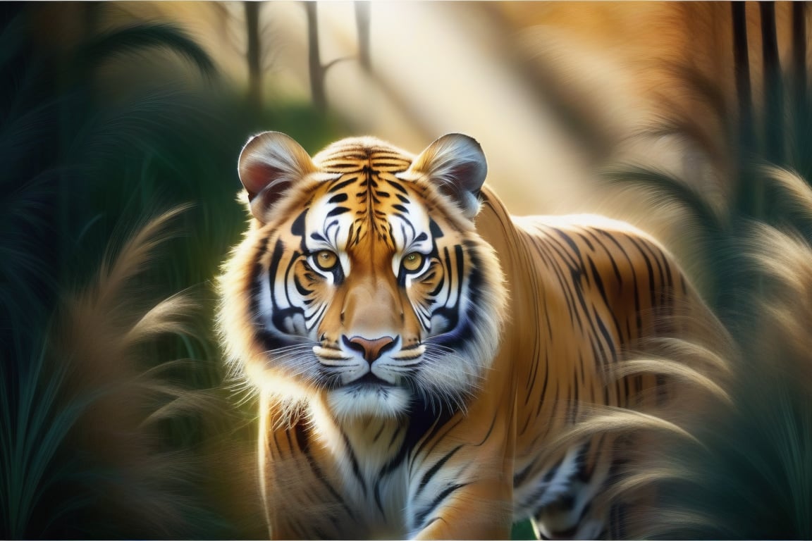 A majestic tiger emerges from the thick vegetation of an African savanna, its tawny fur blending with the golden grasses and leaves. Framed by a natural clearing, the big cat's piercing gaze is illuminated by warm sunlight filtering through the dense foliage, highlighting its powerful physique as it pads confidently across the sun-drenched landscape.