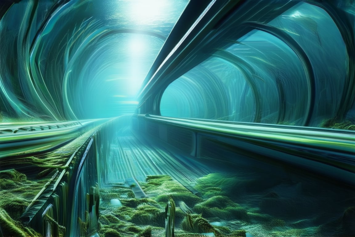 A futuristic underwater scene: a subway train glides smoothly through a transparent glass tunnel, surrounded by the vast expanse of ocean water. The sunlight from above casts an eerie glow, illuminating the sleek train and rippling the seaweed-like tendrils swaying in the current.