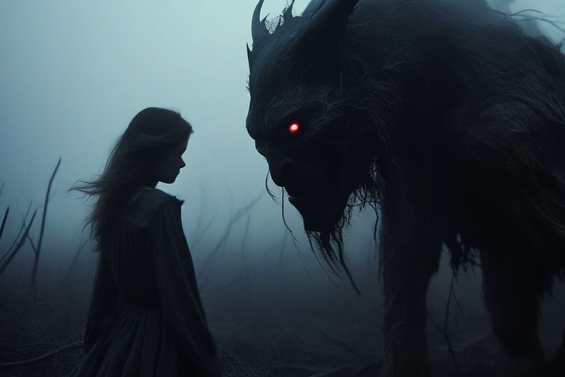 A haunting shot of a decrepit creature's grip on the trembling girl, set against a desolate, mist-shrouded backdrop. The camera frames their macabre dance, with the monstrosity's putrid hands grasping her shoulders and its vacant eyes locked onto hers. Dim, flickering torchlight casts eerie shadows as the beast's decaying lips whisper an ominous warning: Prepare to meet the darkness.