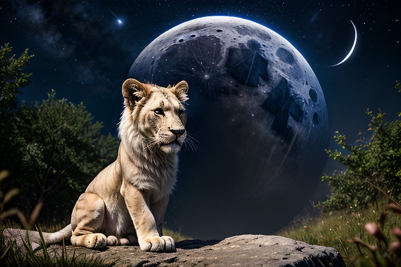 a white little lion looking at the stars in the moon, digital art