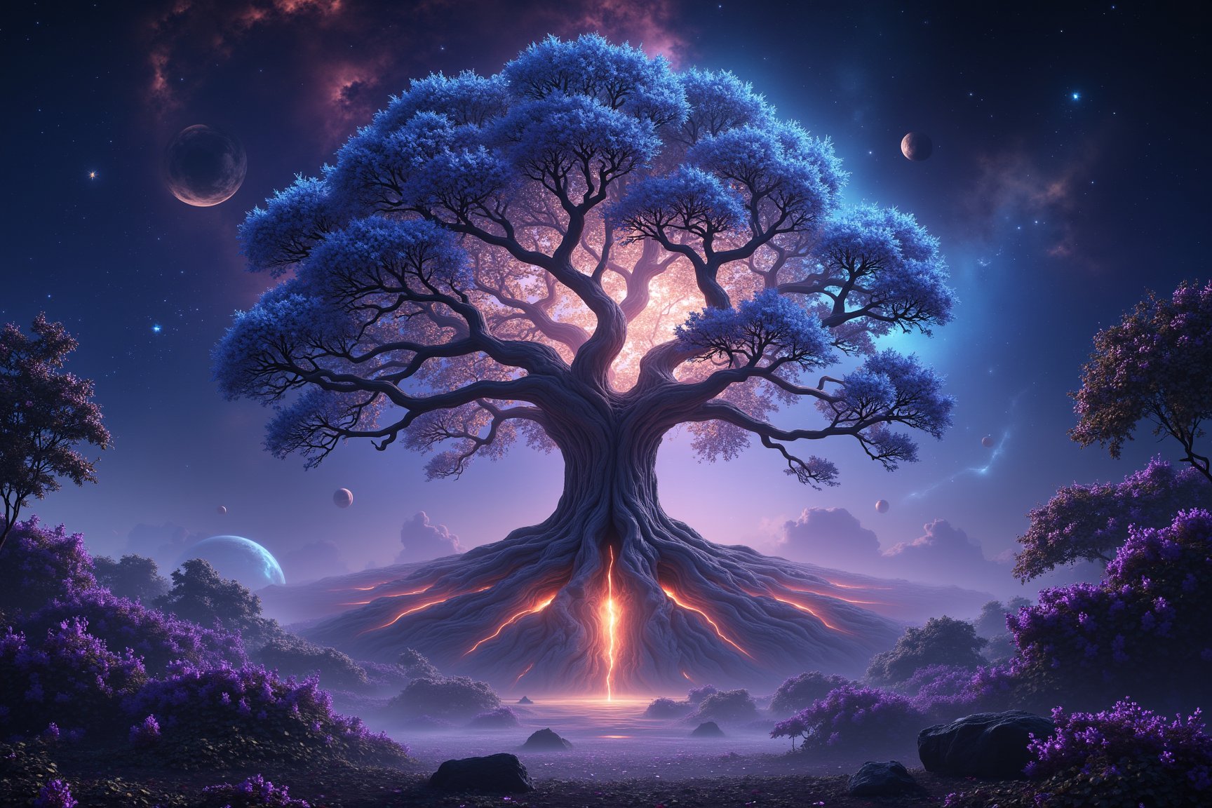 A 4K, realistic, fantasy image of a majestic Pohon dunia semesta (Tree of the Universe), with intricate, glowing roots extending into a cosmic landscape. The tree's branches are adorned with shimmering, otherworldly leaves, and celestial bodies float around it. The scene is bathed in soft, ethereal light, with a wide shot capturing the awe-inspiring scale and mystical atmosphere.