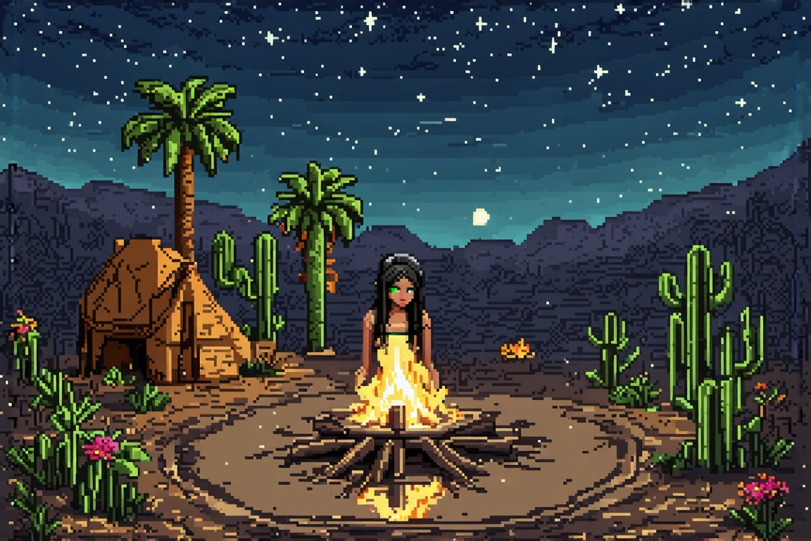 Pixel art scene of a vast desert oasis at dusk. A young nomad girl with long black hair and striking green eyes sits by a small campfire. Her traditional robes flow in earthy tones. Palm trees and a small pool reflect the setting sun. The girl's tent is nearby, made of weathered fabric. A camel rests in the background. The sky transitions from deep blue to orange, with pixelated stars appearing. Cacti and desert flowers dot the landscape.,pixelartsd3