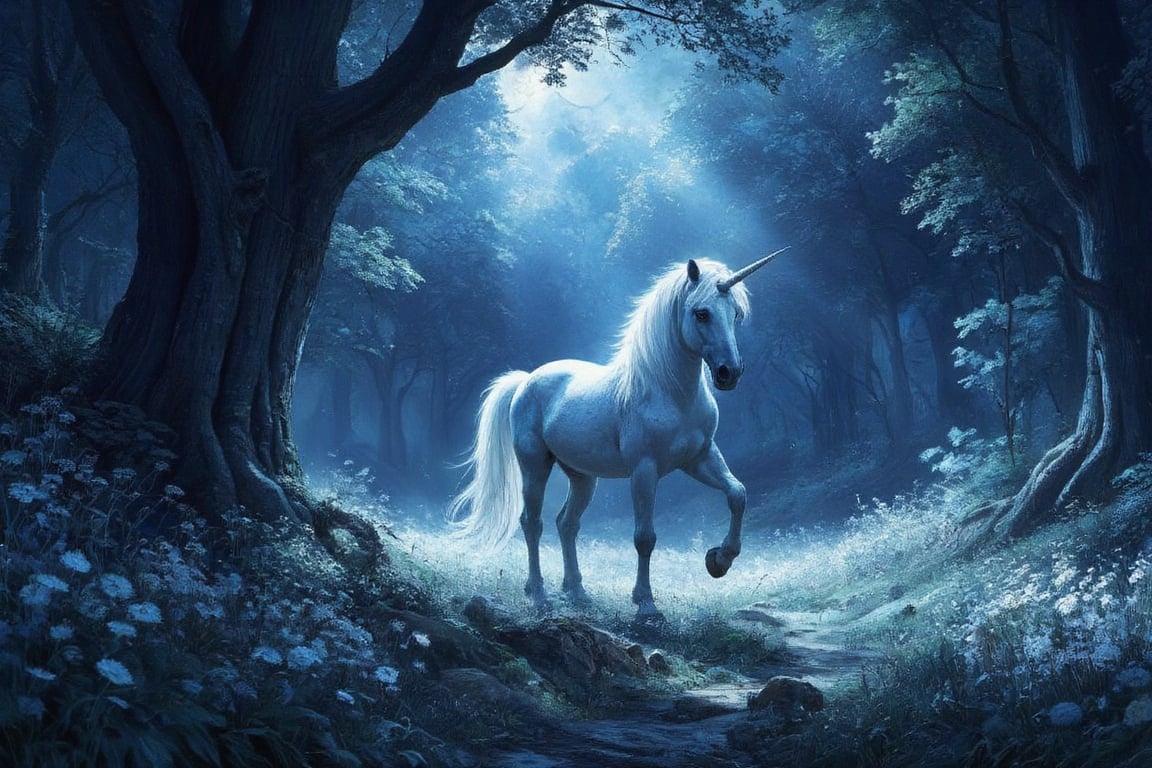 Masterpiece, professional, award-winning, intricate details, ultra high detailed, 64k, dramatic light, volumetric light, Enchanting, moonlit glade with a gentle unicorn and shimmering will-o'-the-wisps, realistic, magical, mystical creatures, idyllic, serene, ethereal, (mythical presence:1.4), wildflowers, moonbeams, ancient trees, soft glow, harmonious realm, tranquil beauty, 8k,ek_art_b00ster,anime,illustrated,