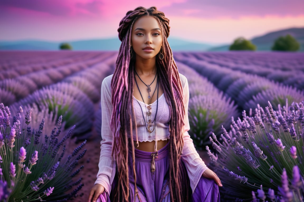 Realistic and Stunning woman dressed in purple and wearing boho clothes, long pink and purple dreadlocks and braids, stunning woman standing in the middle of a sea of ​​lavender, shades of violet blend with the purple hues of the surrounding flowers, high contrast between subject and background, lavender field stretching to the horizon, soft focus background, , natural light, ultra-fine and dramatic lighting.Realistic lighting, highly detailed