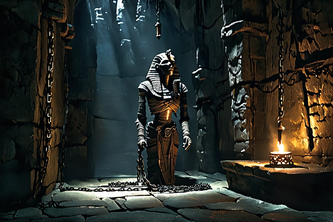 A dimly lit dungeon, stone walls looming dark and foreboding, chains binding the ancient mummy's wrappings tight as it stands amidst the eerie silence, the only sound being the faint rustling of tattered linen and the creaking of rusty iron, a solitary torch casting flickering shadows on the cold, damp floor.