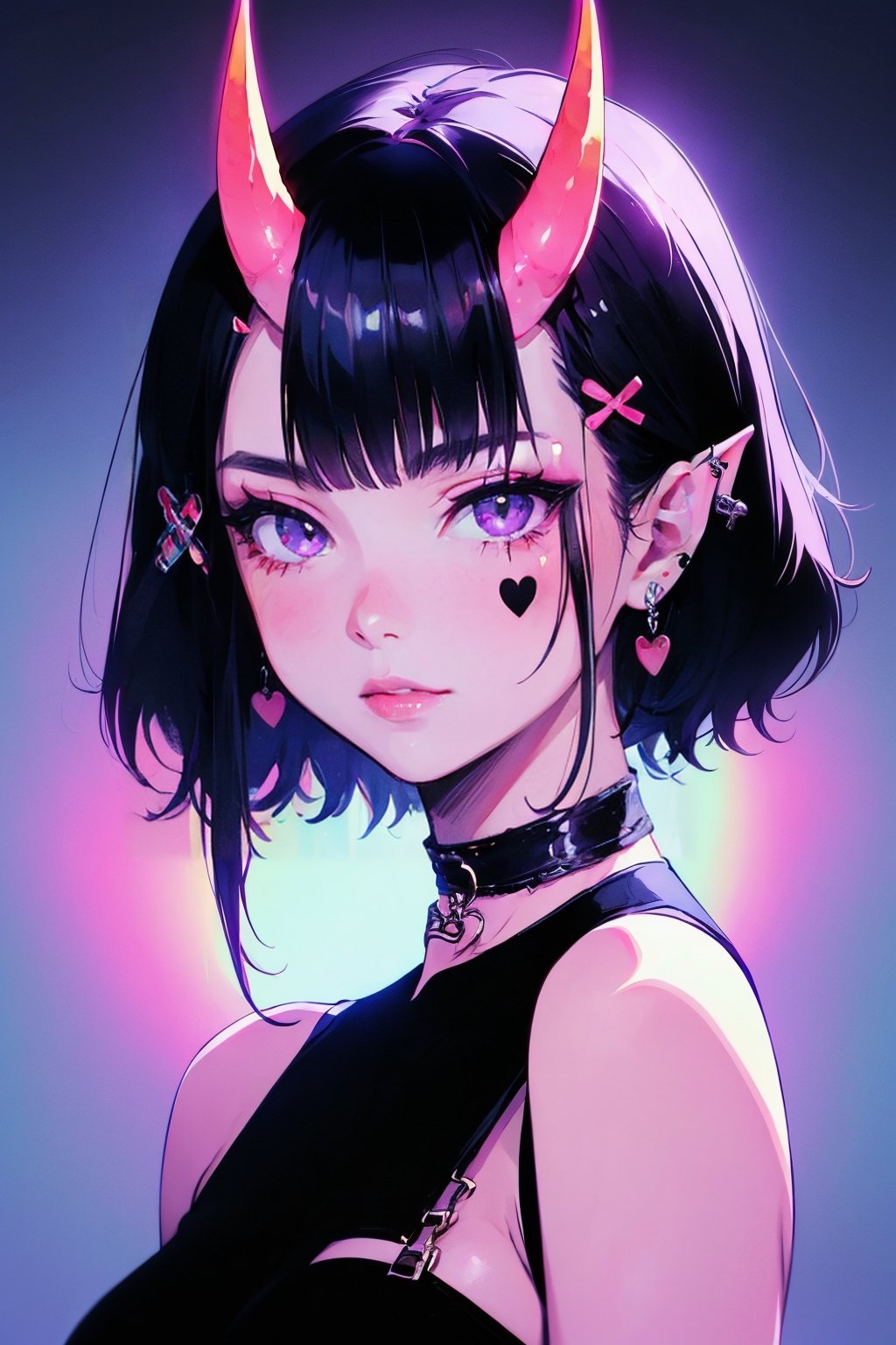 (masterpiece),,(best quality), 


1girl, solo, looking at viewer, short hair, black hair, hair ornament, jewelry, heart, earrings, horns, choker, pointy ears, pink eyes, makeup, colored skin, facial mark, piercing, x hair ornament, ear piercing, portrait, short hair with long locks