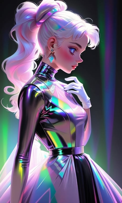 (masterpiece),(best quality), 

1girl, solo, long hair, blush, gloves, long sleeves, jewelry, upper body, ponytail, white hair, earrings, white gloves, from side, profile,  chromatic, chromatic hair,chromatic dress, chromatic background,


hologram skirt,portrait,(dress hologram:1.2), bioluminescent liquid