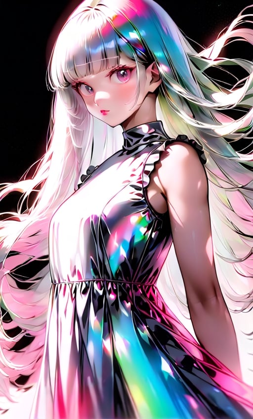 (masterpiece),(best quality), 

1girl, solo, long hair, looking at viewer, simple background, upper body, white hair, blunt bangs, lips, black background,  white hair, pink hair, white  dress, pink dress,  white dress,

dress hologram, bioluminescent liquid,Anime 