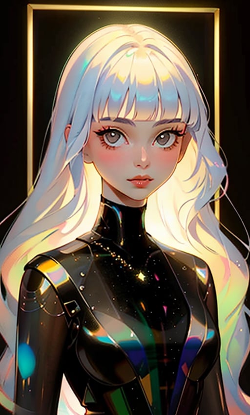 (masterpiece),(best quality), 

1girl, solo, long hair, looking at viewer, simple background, closed mouth, upper body, white hair, blunt bangs, lips, black background, portrait, 

hologram skirt,portrait,(dress hologram:1.2), bioluminescent liquid