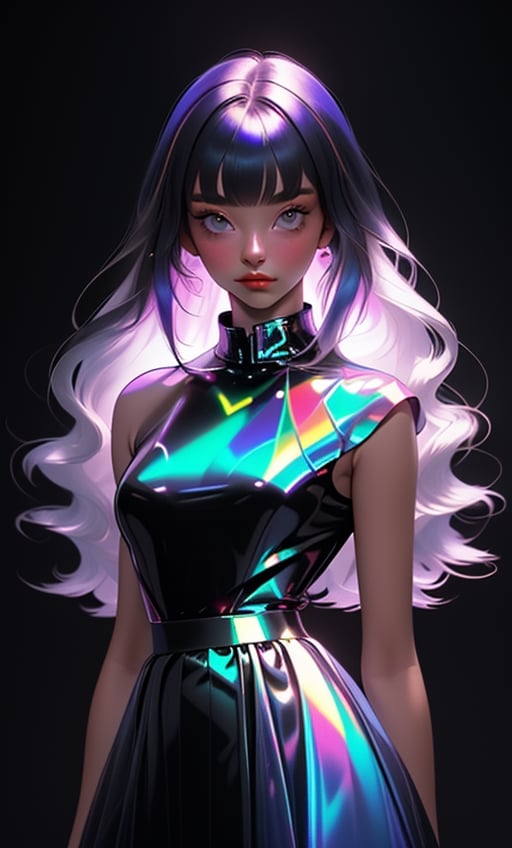 (masterpiece),(best quality), 

1girl, solo, long hair, looking at viewer, simple background, closed mouth, upper body, white hair, blunt bangs, lips, black background, portrait, 

hologram skirt,portrait,(dress hologram:1.2), bioluminescent liquid