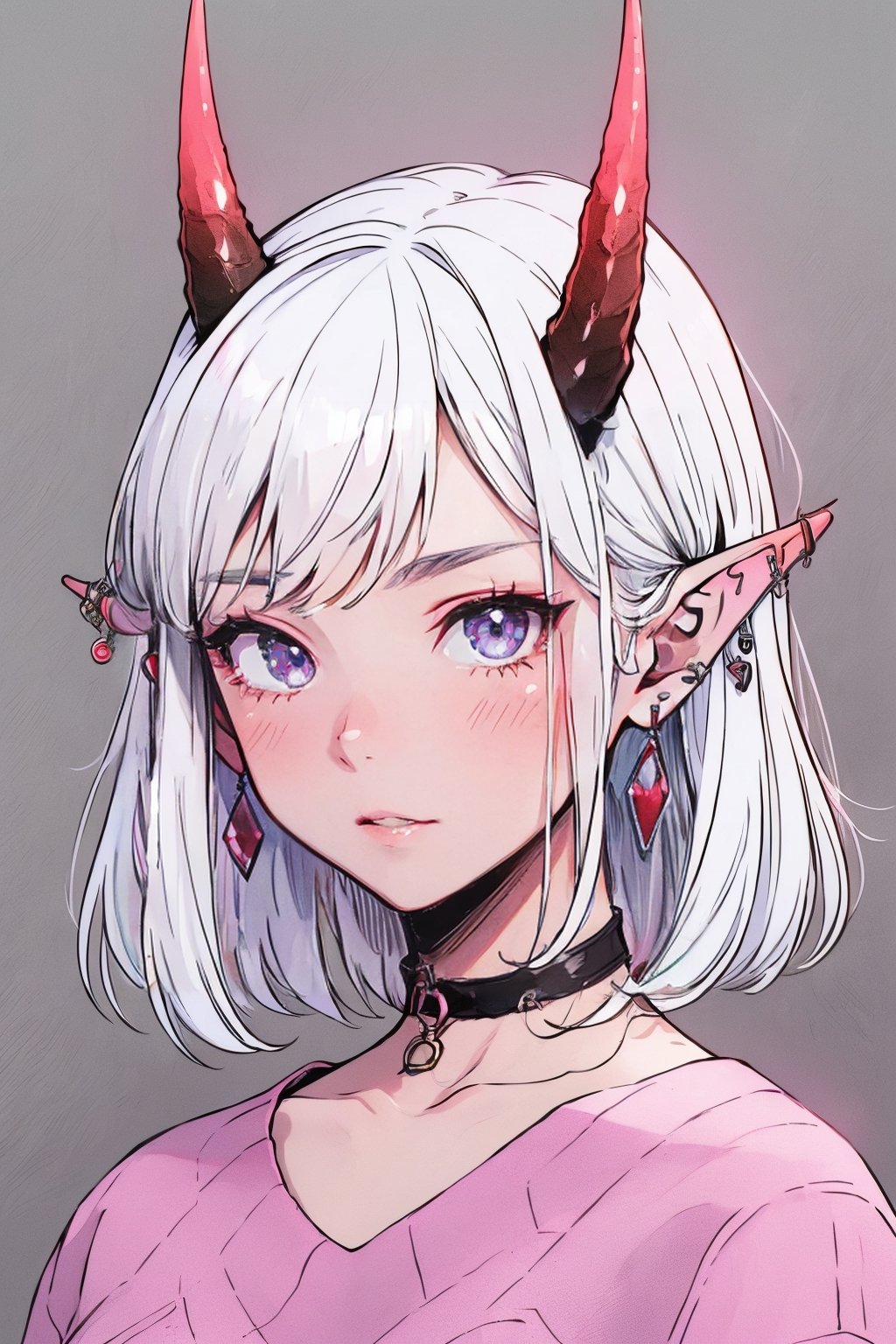 (masterpiece),,(best quality), 

1girl, solo, looking at viewer, blush, simple background, jewelry, closed mouth, collarbone, white hair, earrings, horns, choker, pointy ears, medium hair, pink eyes, grey background, sweater, colored skin, piercing, slit pupils, ear piercing, portrait, pink sweater