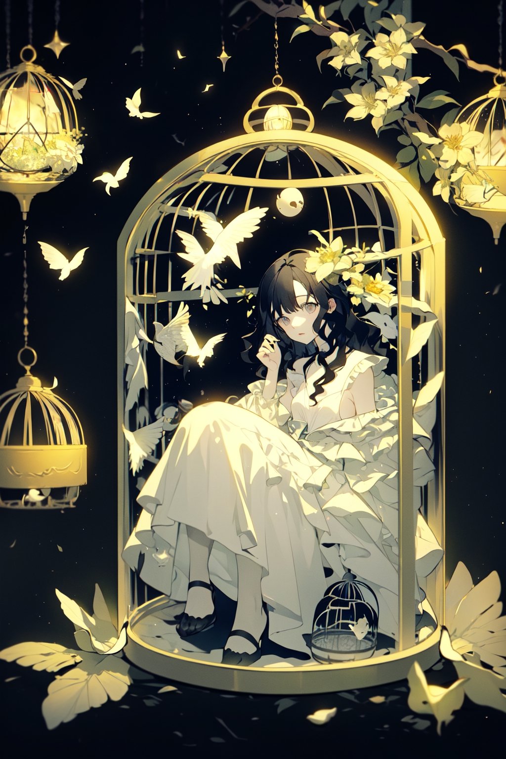 (1girl, black hair, gray eyes, small breasts, medium hair, wavy hair,) wide_shot, black background, fullbody,  white dress,JAR, inside birdcage,  flowers,  sitting, ((bird cage:1.2)), trapped, 