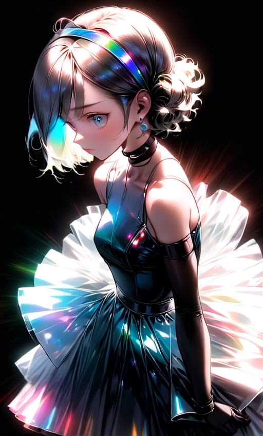 (masterpiece),(best quality), 

black background,  white hair,
1girl, solo, short hair, gloves, cleavage, bare shoulders,  upper body, hairband, choker, elbow gloves, blurry, black dress,  face detailed

dress hologram, bioluminescent liquid,Anime, hair holografic, hologram,
