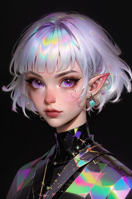 

1girl, solo, looking at viewer, short hair, jewelry, closed mouth, purple eyes, upper body, white hair, earrings, pointy ears, lips, eyelashes, colored skin, black background, portrait, freckles, nose,  chromatic, chromatic hair,chromatic dress,