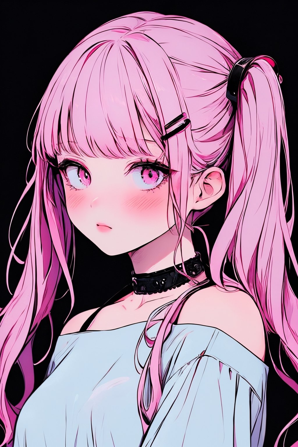 (masterpiece),,(best quality), 
1girl, solo, long hair, looking at viewer, blush, simple background, shirt, hair ornament, bare shoulders, twintails,  upper body, pink hair,  choker, hairclip, pink eyes, off shoulder, black shirt, black background,  multicolored eyes, covering mouth, off-shoulder shirt, 

High detailed ,masterpiece