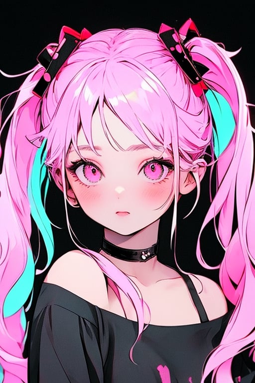 (masterpiece),,(best quality), 
1girl, solo, long hair, looking at viewer, blush, simple background, shirt, hair ornament, bare shoulders, twintails,  upper body, pink hair,  choker, hairclip, pink eyes, off shoulder, black shirt, black background,  multicolored eyes, covering mouth, off-shoulder shirt, 

High detailed ,masterpiece