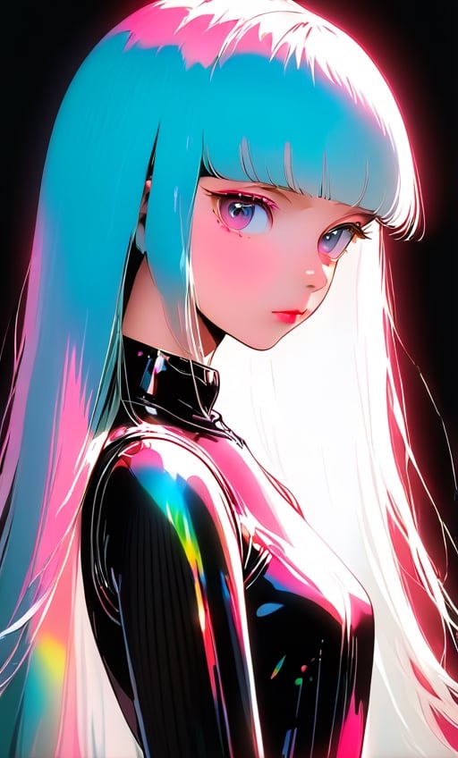 (masterpiece),(best quality), 

1girl, solo, long hair, looking at viewer, simple background, upper body, white hair, blunt bangs, lips, black background,  white hair, pink hair,

dress hologram, bioluminescent liquid,Anime 