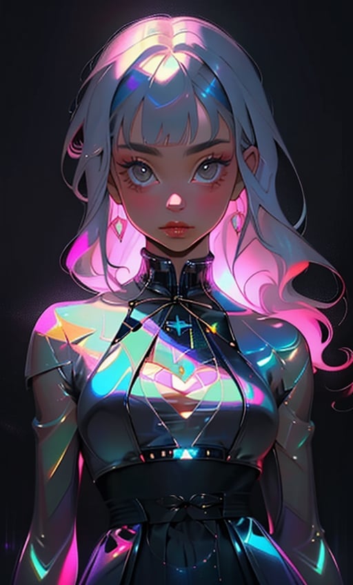 (masterpiece),(best quality), 

1girl, solo, long hair, looking at viewer, closed mouth, upper body, white hair, blunt bangs, lips, portrait, 

hologram skirt,portrait,(dress hologram:1.2), bioluminescent liquid