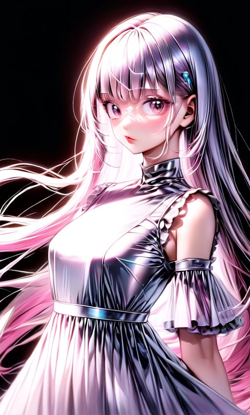 (masterpiece),(best quality), 

1girl, solo, long hair, looking at viewer, simple background, upper body, white hair, blunt bangs, lips, black background,  white hair, pink hair, white  dress, pink dress,  white dress,

dress hologram, bioluminescent liquid,Anime 