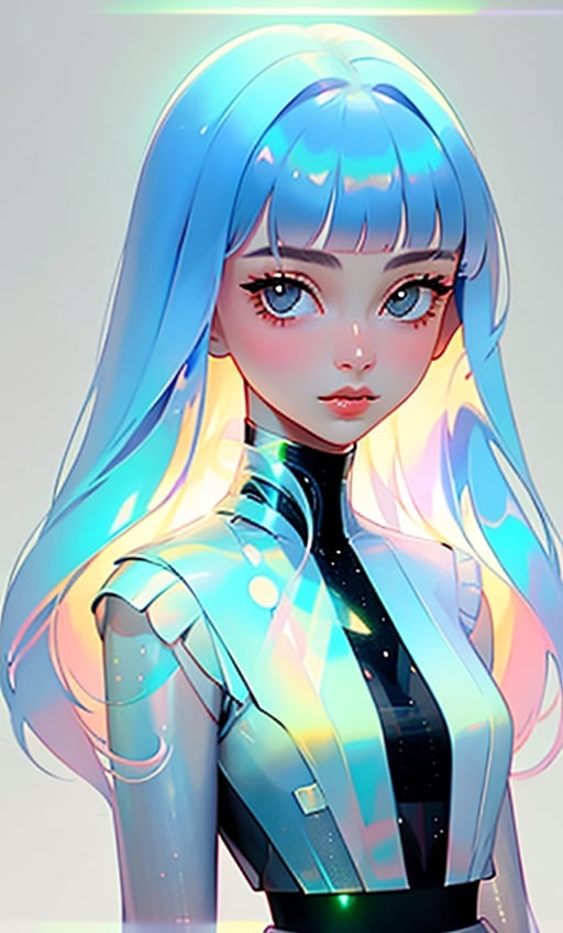 (masterpiece),(best quality), 

1girl, solo, long hair, looking at viewer, simple background, closed mouth, upper body, white hair, blunt bangs, lips, black background, portrait, 

hologram skirt,portrait,(dress hologram:1.2), bioluminescent liquid