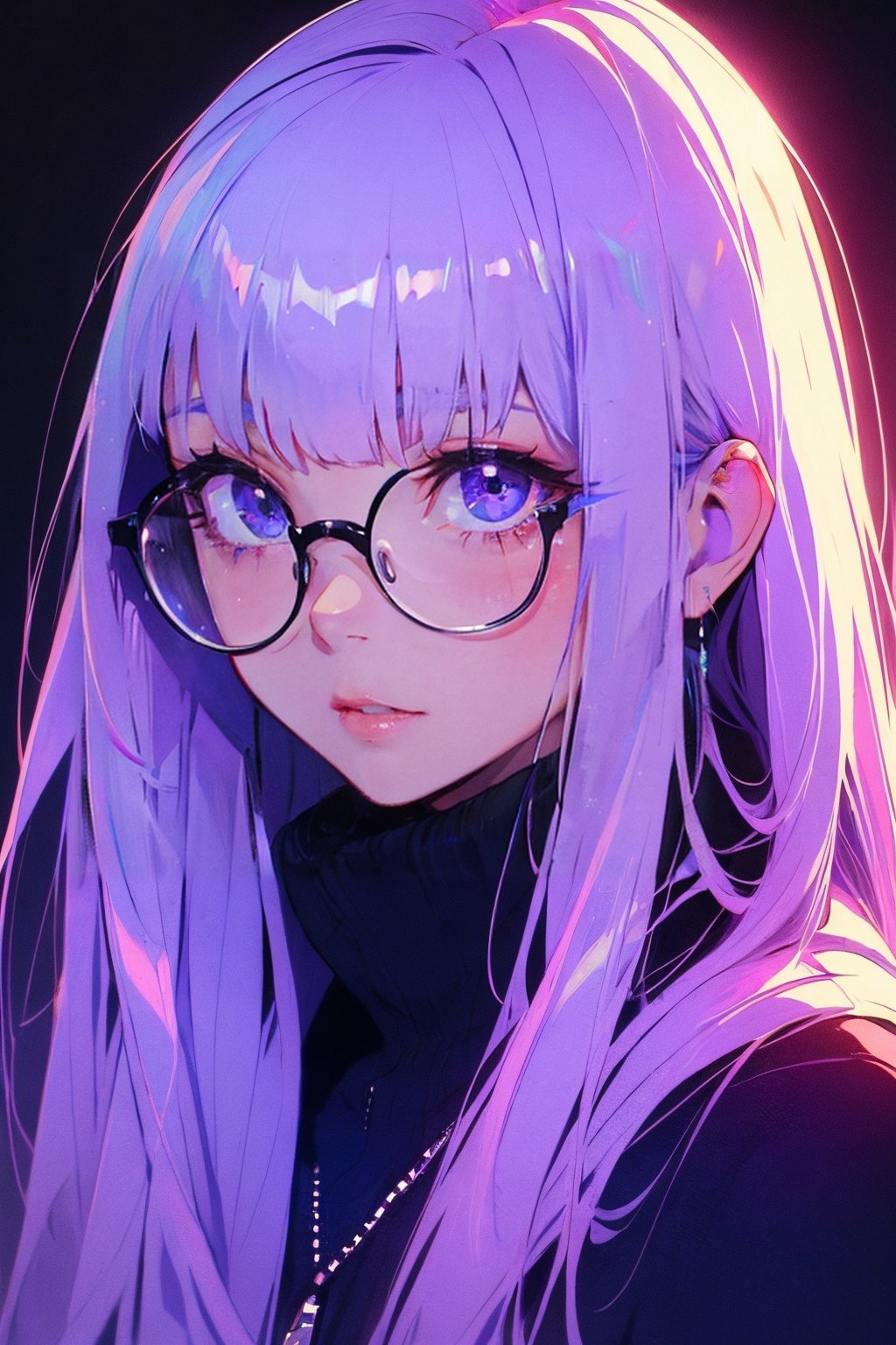 (masterpiece),,(best quality), 

1girl, solo, long hair, looking at viewer, blue hair, purple eyes, pink hair, glasses, blunt bangs, lips, black background, portrait, round eyewear