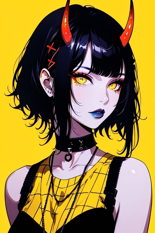 (masterpiece),,(best quality), 


1girl, solo, looking at viewer, short hair, black hair, hair ornament, horns, choker, yellow eyes, makeup, colored skin, x hair ornament, portrait, short hair with long locks, yellow background, 