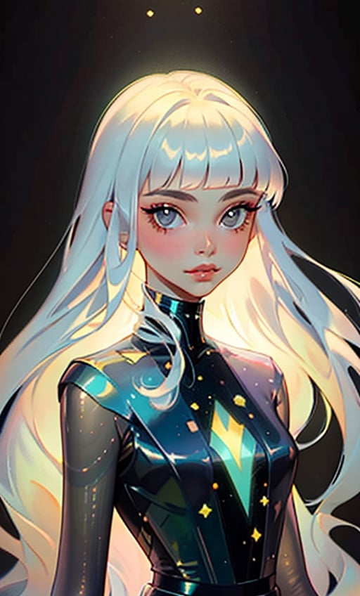 (masterpiece),(best quality), 

1girl, solo, long hair, looking at viewer, simple background, closed mouth, upper body, white hair, blunt bangs, lips, black background, portrait, 

hologram skirt,portrait,(dress hologram:1.2), bioluminescent liquid