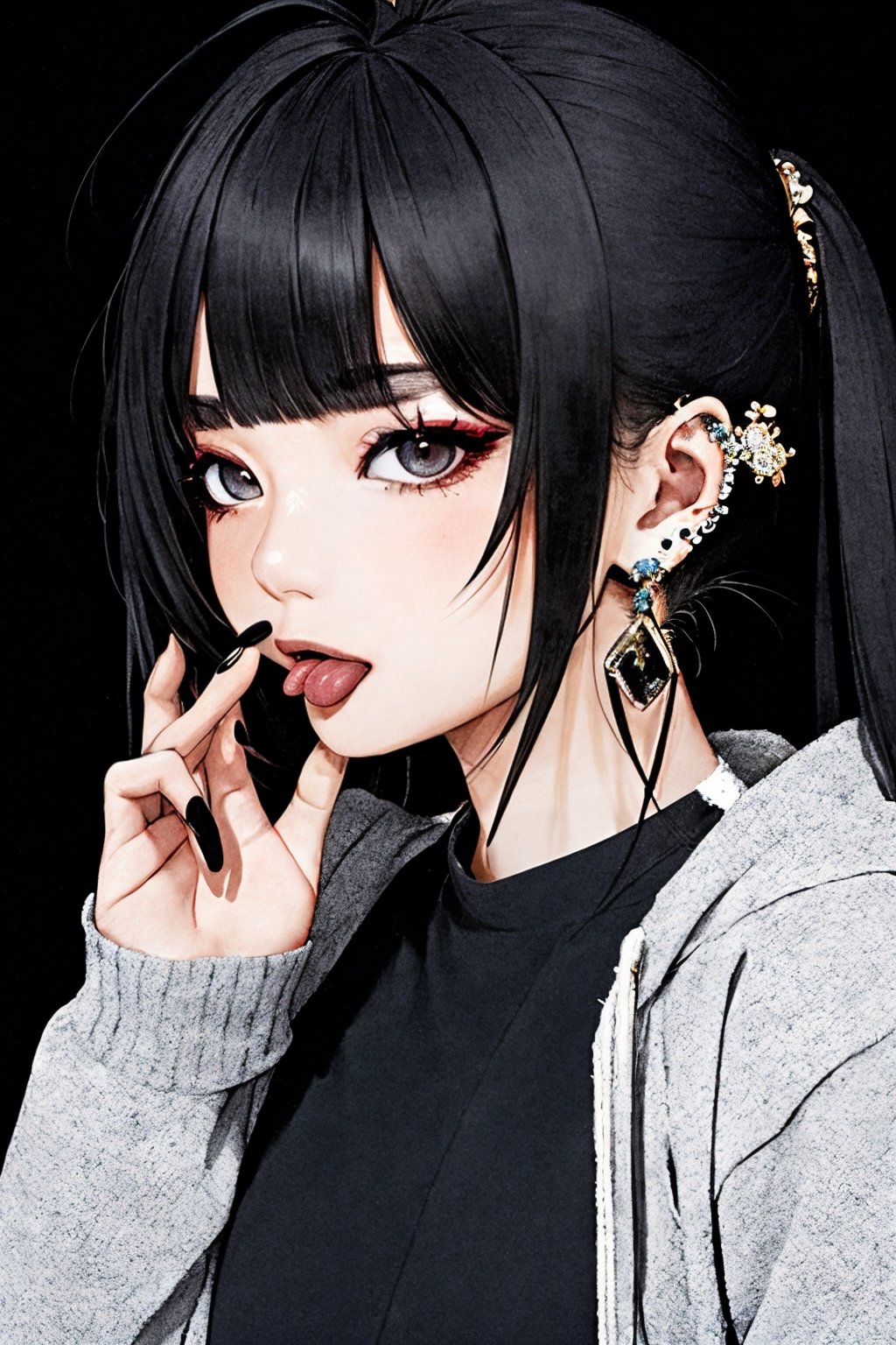 (masterpiece),(best quality), 

(closed mouth:1.1), upper body, ahoge,  (hand up:1.2), tongue out,  :p, akanbe,

1girl, solo, long hair, looking at viewer, simple background, black hair, long sleeves, twintails, jewelry, closed mouth, earrings, tongue, tongue out, blunt bangs, nail polish, mole, sleeves past wrists, grey eyes, mole under eye, piercing, black background, ear piercing, portrait, black nails