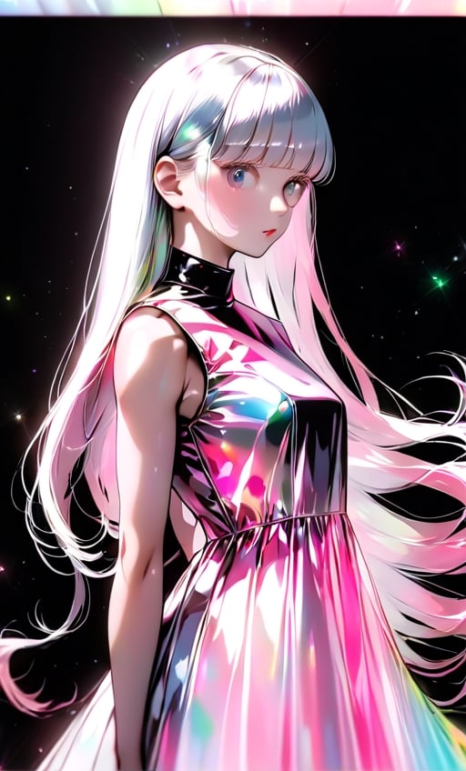 (masterpiece),(best quality), 

1girl, solo, long hair, looking at viewer, simple background, upper body, white hair, blunt bangs, lips, black background,  white hair, pink hair, white  dress, pink dress,  white dress,

dress hologram, bioluminescent liquid,Anime 