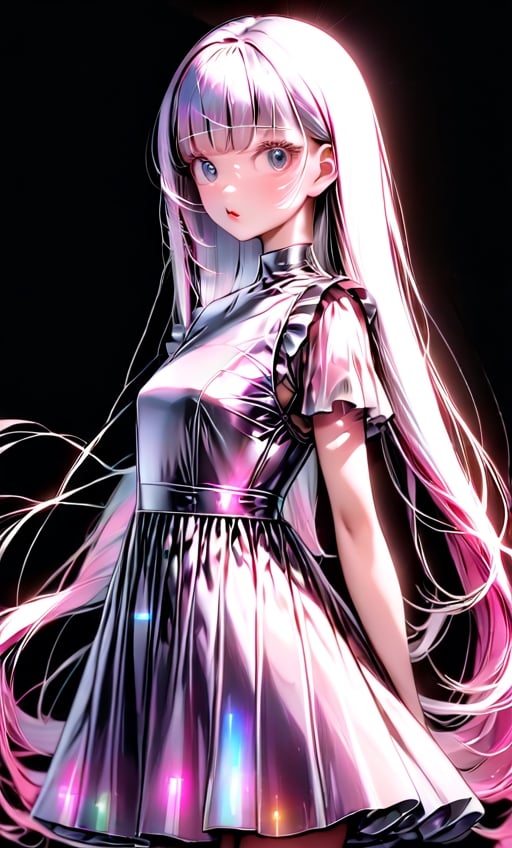 (masterpiece),(best quality), 

1girl, solo, long hair, looking at viewer, simple background, upper body, white hair, blunt bangs, lips, black background,  white hair, pink hair, white  dress, pink dress,  white dress,

dress hologram, bioluminescent liquid,Anime, hologram dress,Anime 