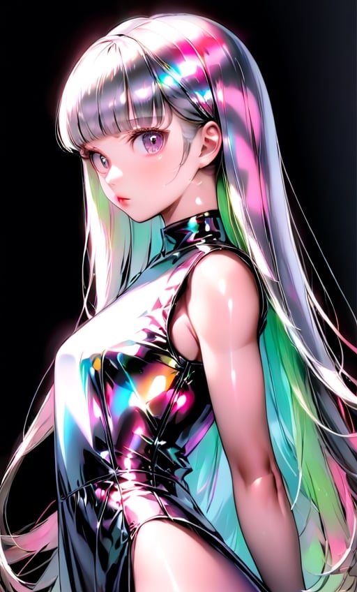 (masterpiece),(best quality), 

1girl, solo, long hair, looking at viewer, simple background, upper body, white hair, blunt bangs, lips, black background,  white hair, pink hair,

dress hologram, bioluminescent liquid,Anime 