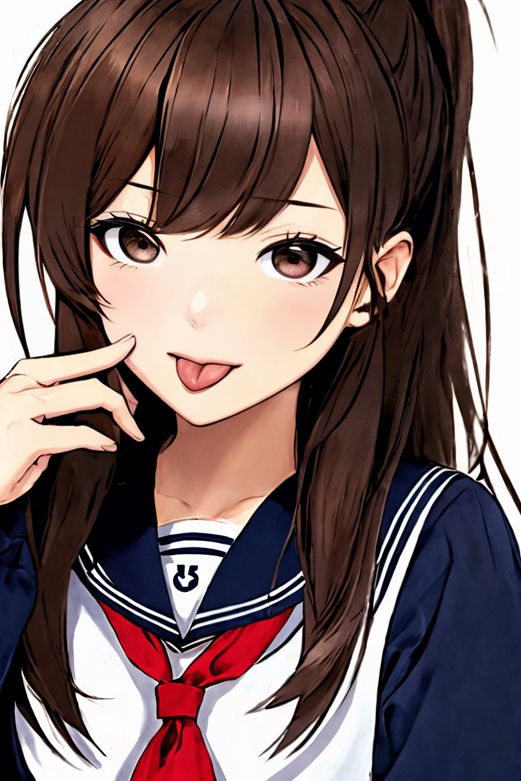 (masterpiece),(best quality), 

(closed mouth:1.1), upper body, ahoge,  (hand up:1.2), tongue out,  :p, akanbe,

1girl, solo, long hair, looking at viewer, simple background, brown hair, long sleeves, white background, brown eyes, school uniform, upper body, serafuku, tongue, tongue out, sailor collar, neckerchief, blue sailor collar, :p, red neckerchief, black sailor collar, folded ponytail, anchor symbol, akanbe