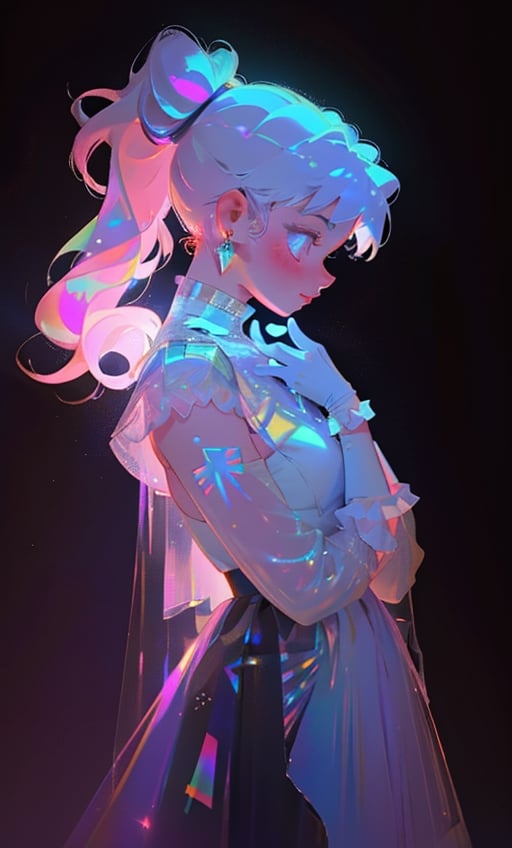 (masterpiece),(best quality), 

1girl, solo, long hair, blush, gloves, long sleeves, jewelry, upper body, ponytail, white hair, earrings, white gloves, from side, profile,  chromatic, chromatic hair,chromatic dress, chromatic background,


hologram skirt,portrait,(dress hologram:1.2), bioluminescent liquid