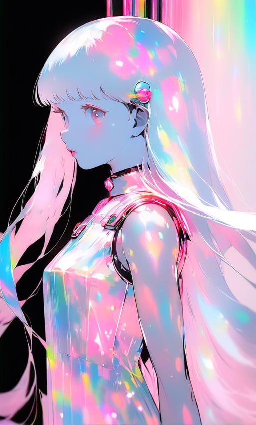 (masterpiece),(best quality), 

1girl, solo, long hair, looking at viewer, simple background, upper body, white hair, blunt bangs, lips, black background,  white hair, pink hair,

dress hologram, bioluminescent liquid,Anime 