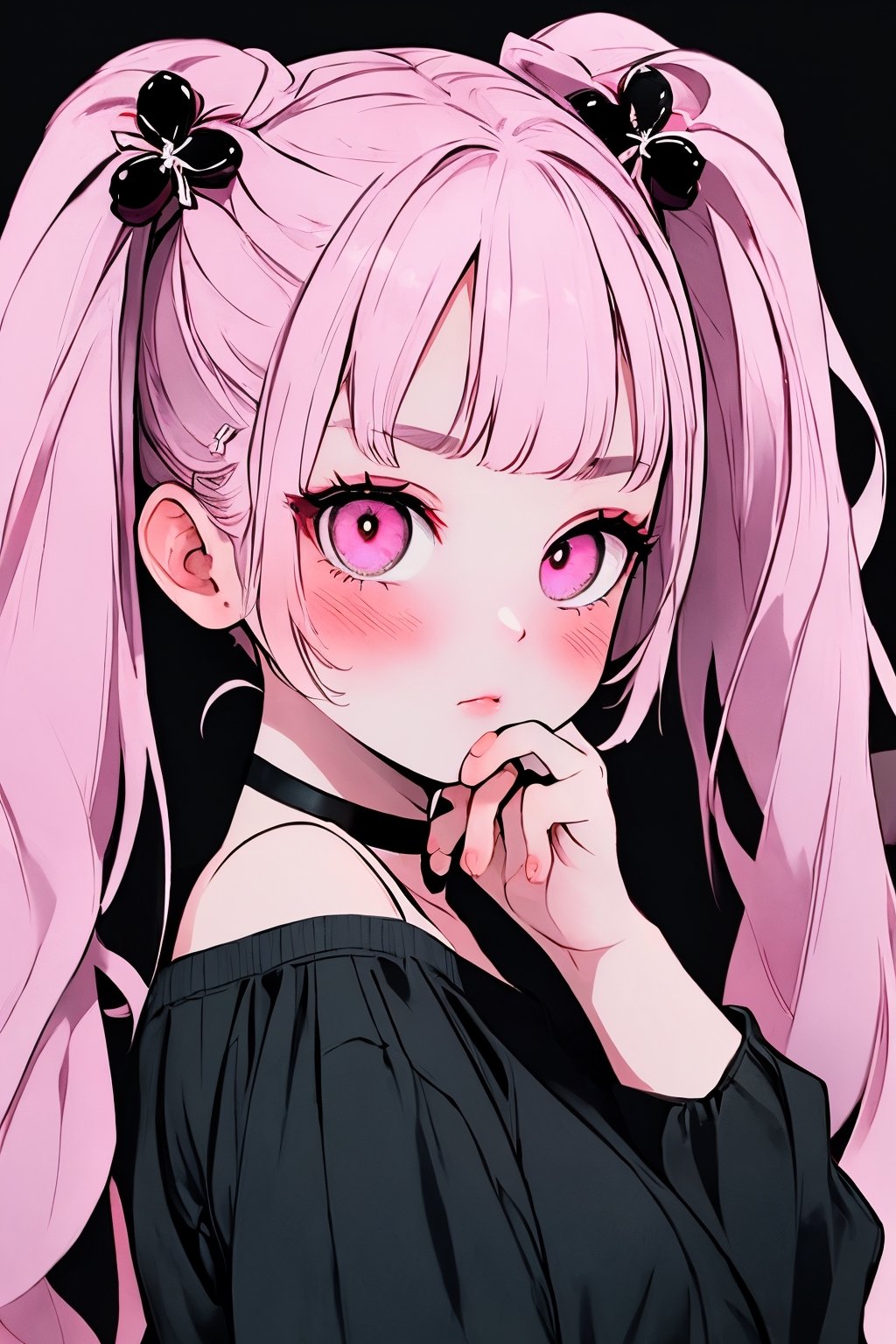 (masterpiece),,(best quality), 
1girl, solo, long hair, looking at viewer, blush, simple background, shirt, hair ornament, bare shoulders, twintails,  upper body, pink hair,  choker, hairclip, pink eyes, off shoulder, black shirt, black background,  multicolored eyes, covering mouth, off-shoulder shirt, 

High detailed ,masterpiece