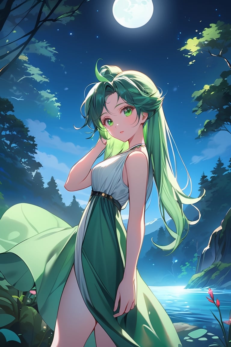 1girl, {{ background: woods and river }},   {{ green high pony hair }}, moon light, close up shot, slim legs, looking_at_viewer, barefoot, mature woman, night time, wide shot, white and green dress