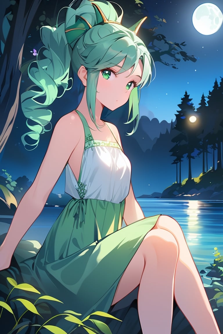 1girl, {{ background: woods and river }},   {{ green high pony hair }}, moon light, close up shot, slim legs, looking_at_viewer, barefoot, mature woman, night time, wide shot, white and green dress, headgear