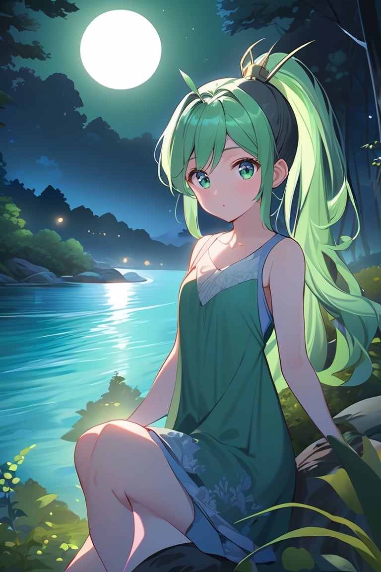 1girl, {{ background: woods and river }},   {{ green high pony hair }}, moon light, close up shot, slim legs, looking_at_viewer, barefoot, mature woman, night time, wide shot, white and green dress, headgear