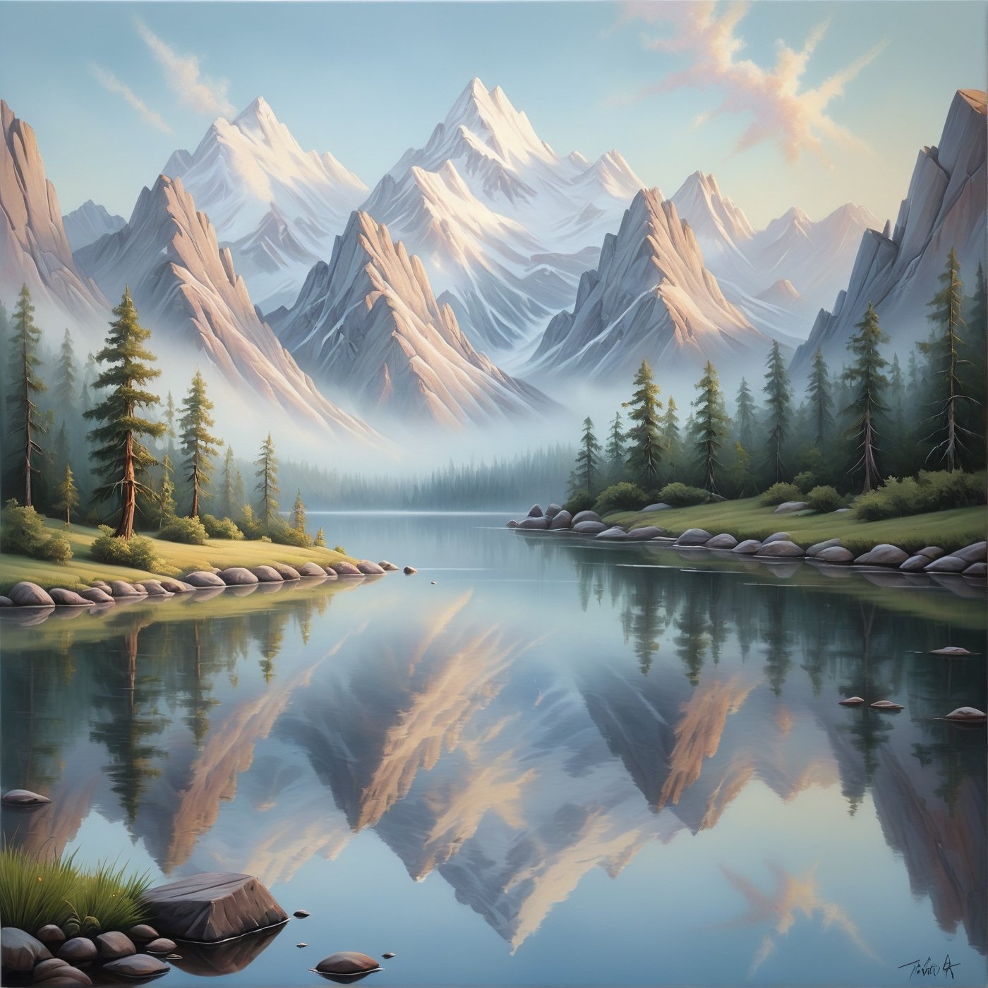 A serene landscape painting of a misty mountain range reflected in a crystal-clear lake, in the style of Bob Ross.
