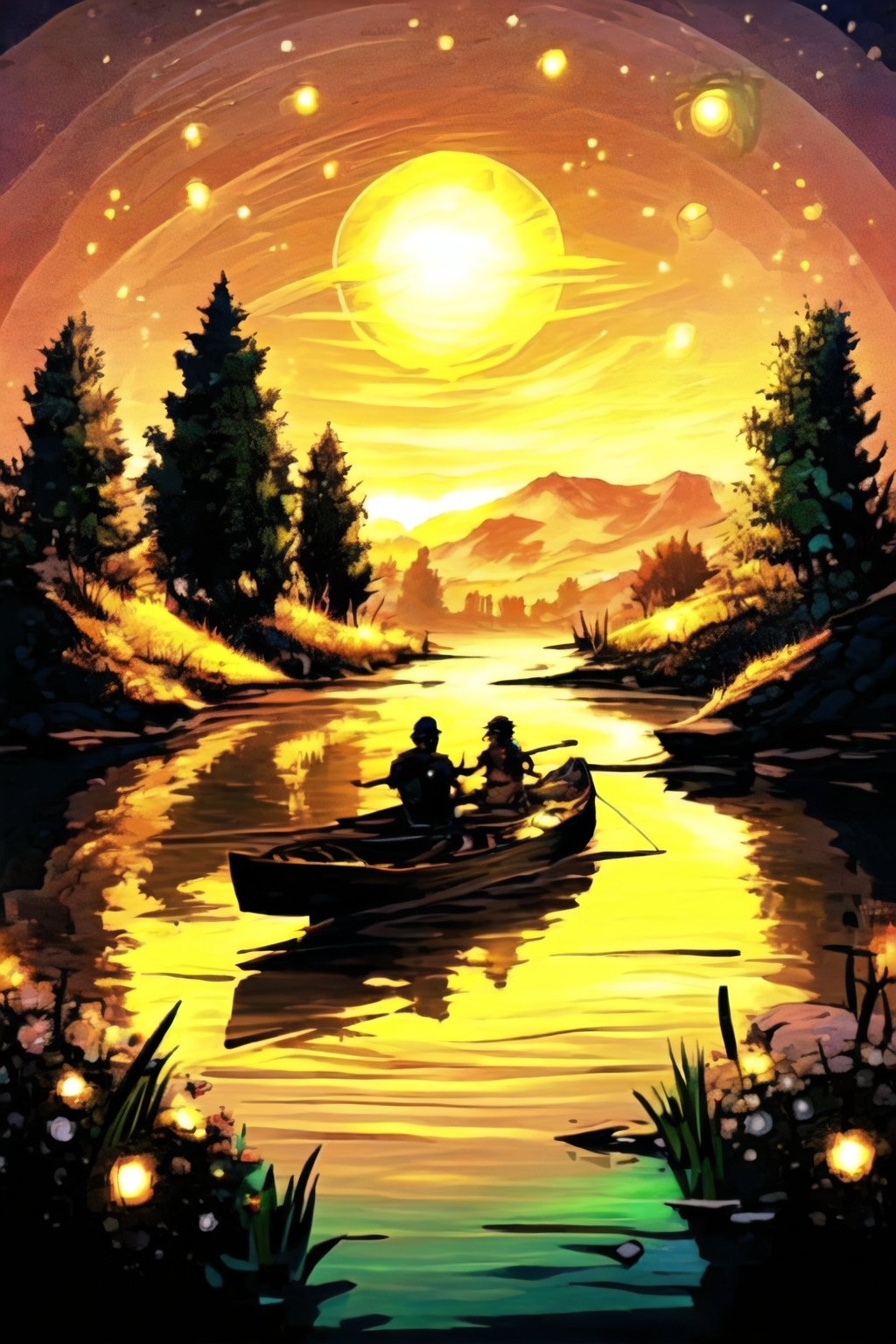 	A 12X16 inch cartoon style masterpiece; Capture the serenity of the kayaker gliding through the mirror-like lake, bathed in the warm glow of the setting sun.,firefliesfireflies,EpicArt,Circle