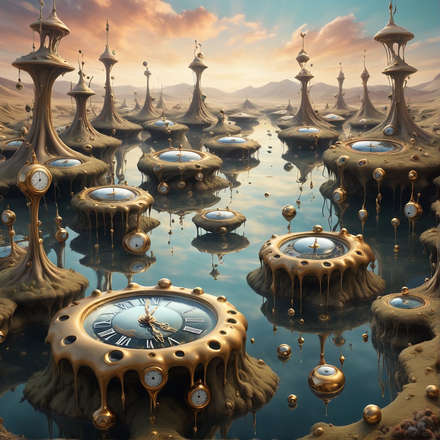 A surreal landscape with melting clocks and floating eyes, inspired by Salvador Dali.
