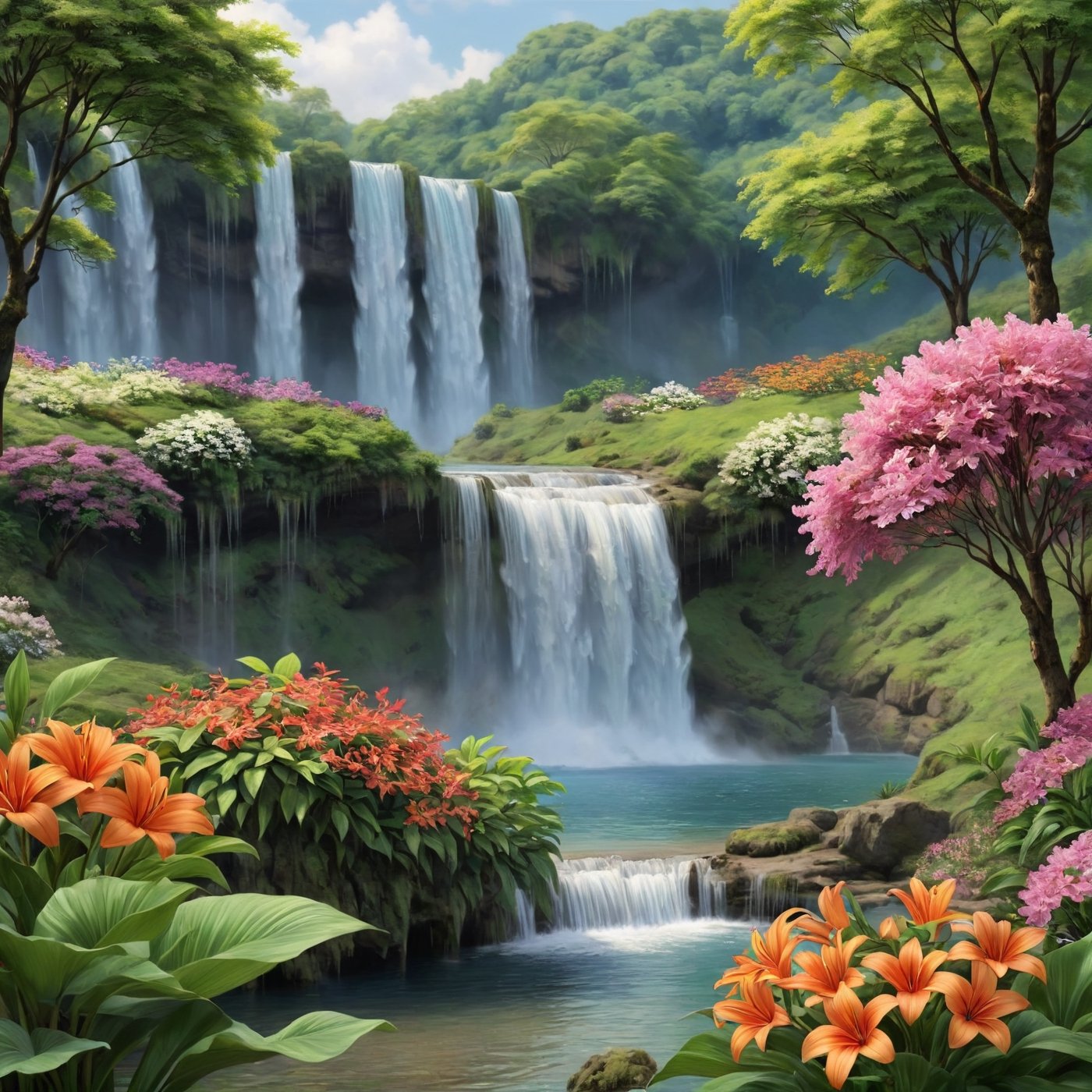 flowers, waterfalls, trees at the background
