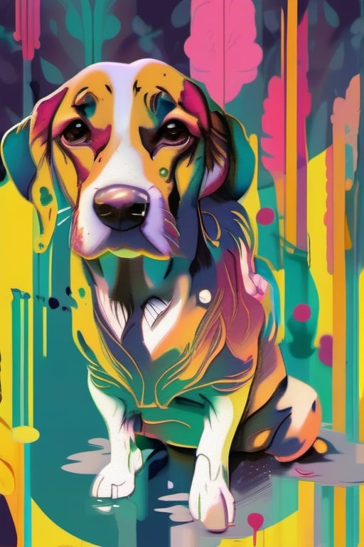 a visually stunning design featuring a dog in minimalist ink drawing style, capturing the essence of the flowers, with a vanishing point perspective and a tree background. Incorporate vibrant watercolor splashes and dripping effects to add an artistic touch. An impeccable composition and use a 3D font to bike for a striking typographic element. Infuse elements of anime for a unique twist. The overall design d be simple yet captivating, utilizing a minimalistic approach to create a visually appealing and memorable design. The design should be in portrait orientation and fit within a 12x16 inch canvas.