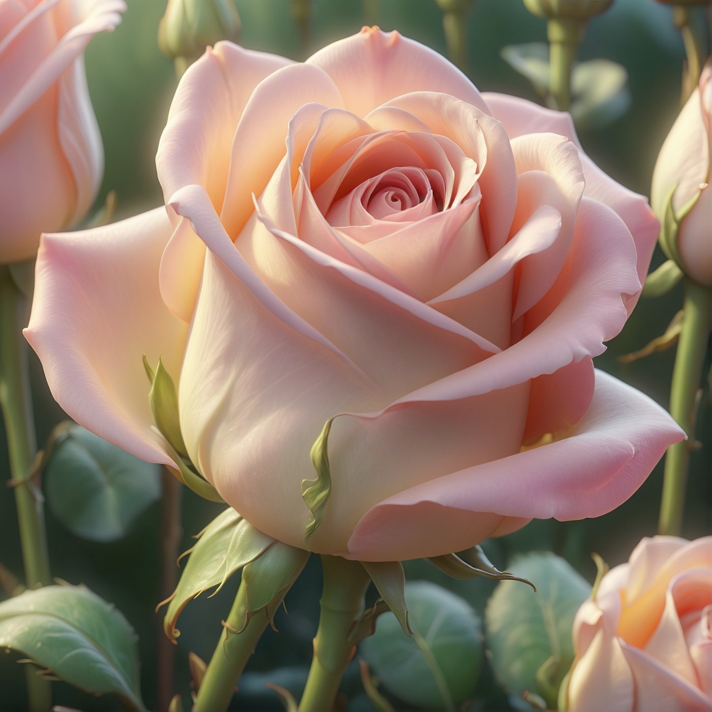 A close-up view of a single light-colored rosebud, its petals unfurling like soft silk, rendered in vibrant cartoon hues